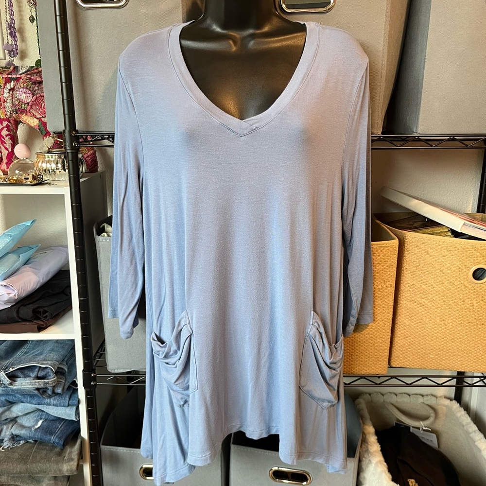 LOGO by Lori Goldstein Light Blue V-Neck Tunic with Front Pockets